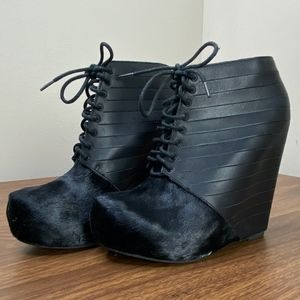 Matiko Black Leather Wedges w/ Pony hair